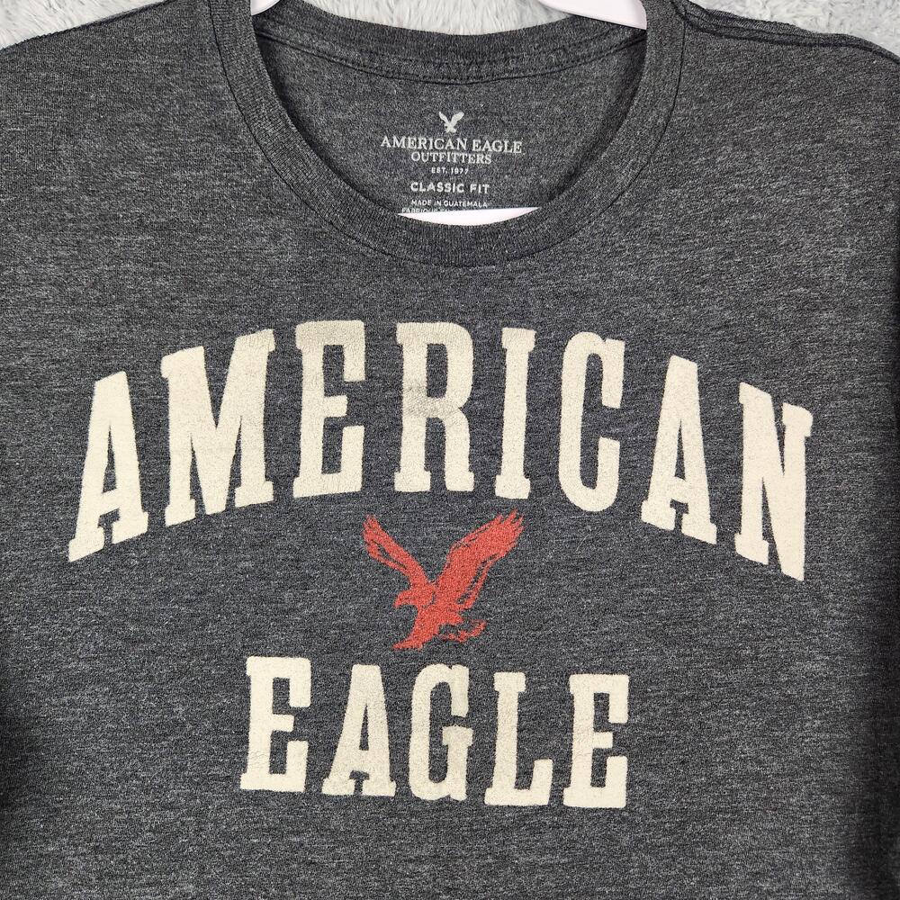 American Eagle Shirt Mens Medium Gray Long Sleeve Logo Graphic Classic Fit Prep